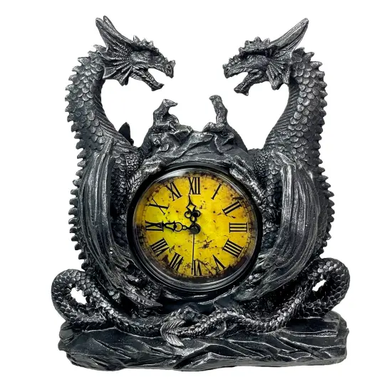 Twin Evil Dragons Antiqued Mantel Clock Table Desk {1}