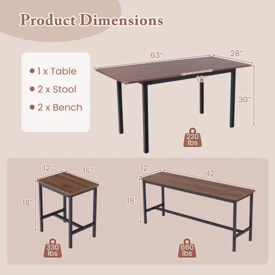 5 Piece Dining Table Set for 4-6, Includes 2 Benches & 2 Stools, Ideal for Kitchen & Dining Room Walnut {3}