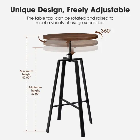 Industrial Rustic High Bar Stools With Solid Elm Wood Seat and Back Support & Bar Table With Adjustable Round {5}