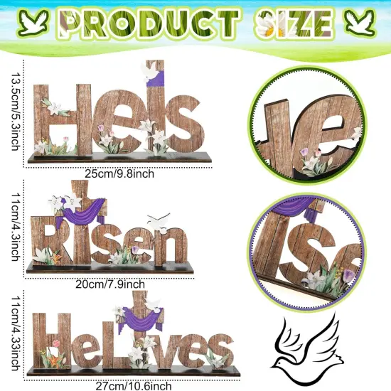3 Pcs Easter Table Decor He is Risen Tabletop Decorations He Lives Wooden Signs Religious Jesus Cross Rustic Table Centerpiece for Easter Party Home Dinner Spring Decor {2}