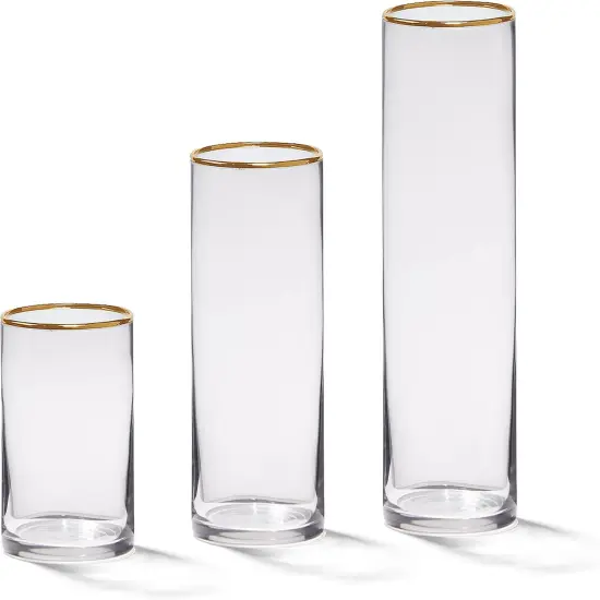 4E's Novelty Set of 3 Glass Cylinder Vases for Centerpieces, 6, 9, 10.5 Inch Tall, 3.5"" Wide with Gold Rim, Clear Glass Vase for Candles {1}
