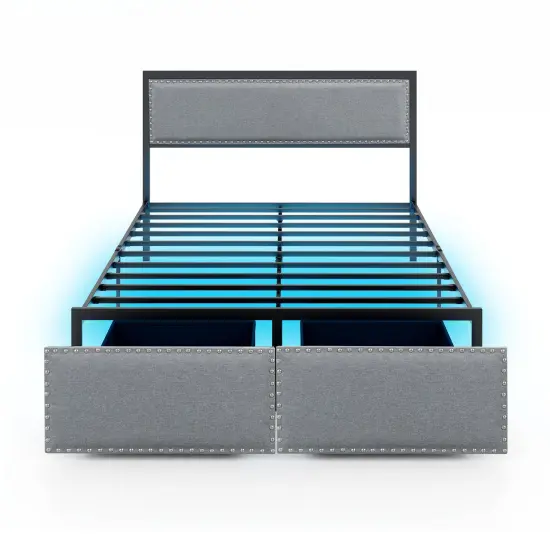 Grey Metal Slats Platform Bed Frame with LED Lights and Drawer {9}