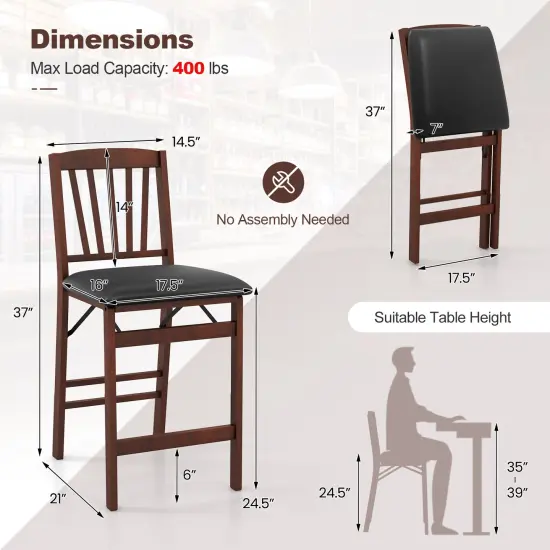 Set of 2 Counter Height Chairs Folding Kitchen Island Stool with Padded Seat-Brown {4}