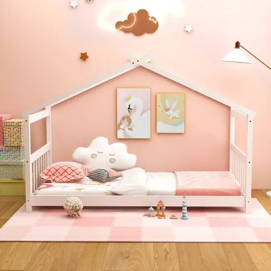 Wooden Twin Size House Bed with Roof Frame for Kids Bedroom White {3}