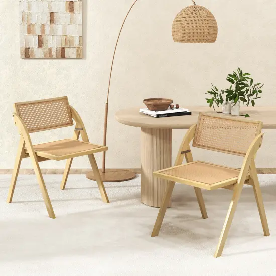 Foldable Dining Chairs Set of 2 with Woven Rattan Backrest-Natural {3}