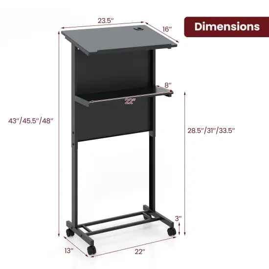 3-Position Black Height Adjustable Lectern Table with Tilted Tabletop and Built-In Cable Hole {5}