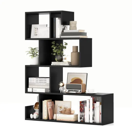 Black 5-Tier S-Shaped Bookshelf Geometric Z-Shelf Bookcase with Open Cubes {4}
