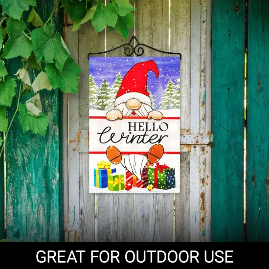 G128 Combo Pack Garden Flag Hanger 14IN & Garden Flag Hello Winter Gnome Gifts Printed 12x18IN Double Sided {4}