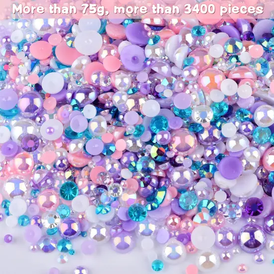 75g Mix Resin Pearls Rhinestones Kit, 3-10mm Half Pearls and 2-6mm Flatback Rhinestones for Nail Art Decoration Shoes Clothes Tumblers Scrapbooking Craft DIY (Purple Pink White) {1}