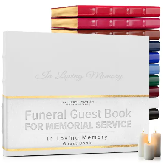 Gallery Leather Guest Book Funeral, In Loving Memory, Memorial, 192 Lined Pages, Bonded Leather, Hardcover Acadia White {1}