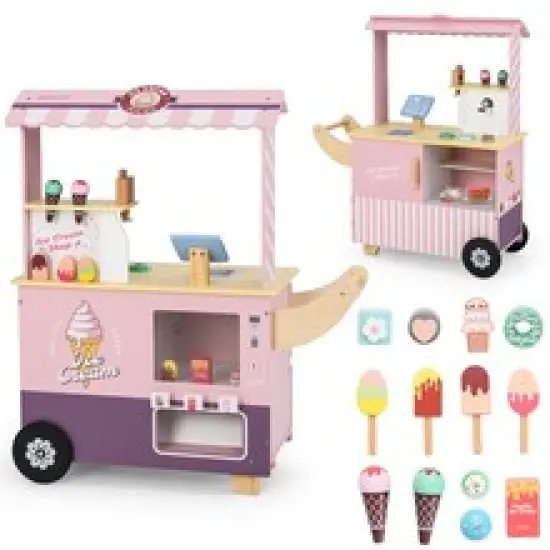 Colorful Wooden Ice Cream Truck Pretend Play Set for Toddlers with Vending Machine, Interactive Role-Playing Toy Pink {8}