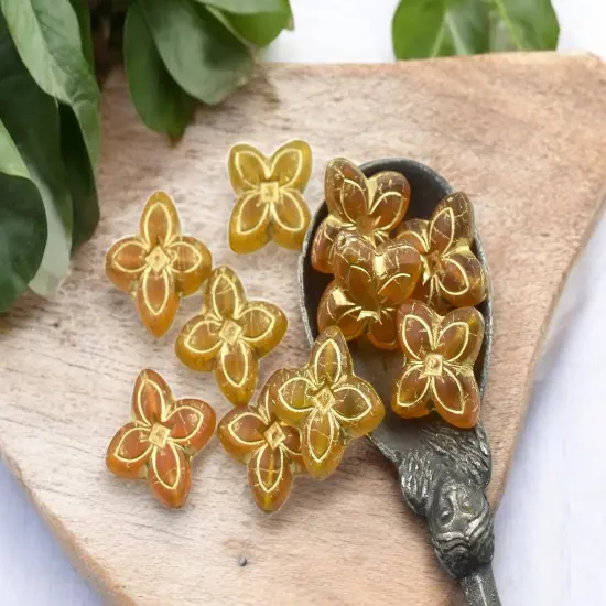 *10* 17mm Bronze Washed Matte Translucent Orange Amber 4 Petal Lily Flower Beads {4}