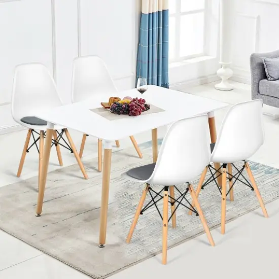 4 Pcs Modern Mid Century Armless Side Chair with Linen Cushion and Wood Legs-White {1}