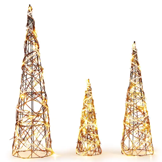 Set of 3 Lighted Rattan Cone Trees with LED Lights and Metal Frame {1}