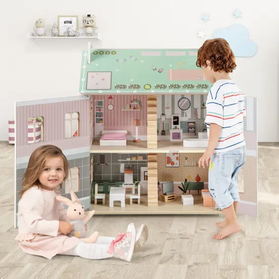 Kids Wooden Dollhouse 3 Level with Double-Sided Roofs and Doors-Pink {2}