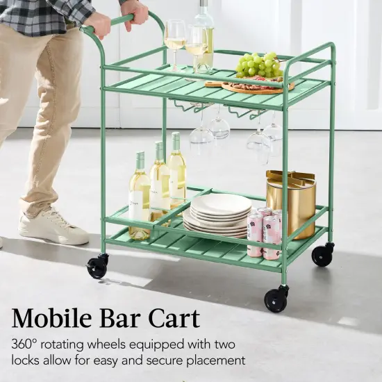 Best Choice Products 2-Tier Rolling Bar Cart Indoor/Outdoor w/ Storage Shelves, Wine Rack, Lockable Wheels Sage {5}