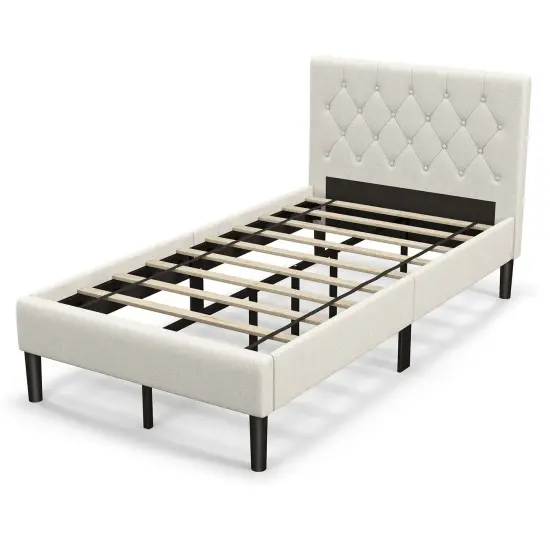 Twin Size Upholstered Platform Bed with Button Tufted Headboard-Beige {1}
