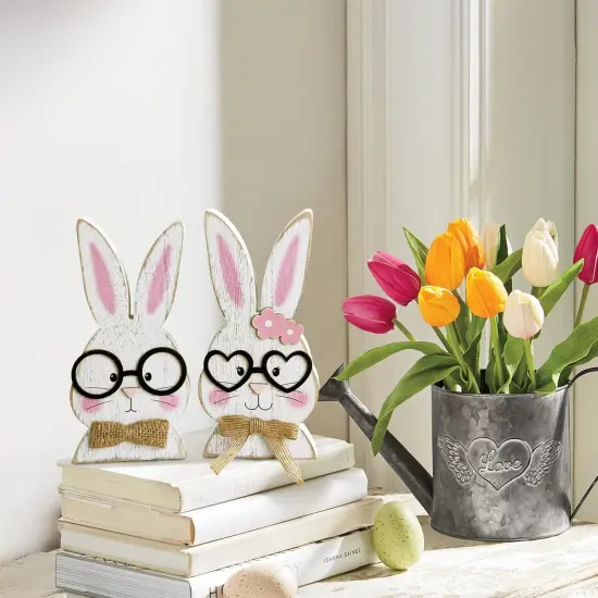 Easter Decorations: Rustic Antique Wooden Bunny Couple Happy Easter Table Centerpiece Signs, Farmhouse White Rabbit with Glasses Wood Easter Decor for Home Office Table, Cute Easter Gifts {4}