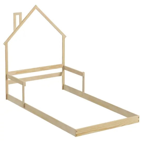 Twin Size Floor Bed with Chimney and Headboard and Handrail-White Natural {1}