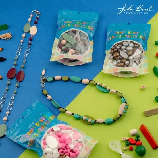 John Bead Craft Wood Beads with Elastic Nylon Cord, 90g Green & Peach & Grey {3}