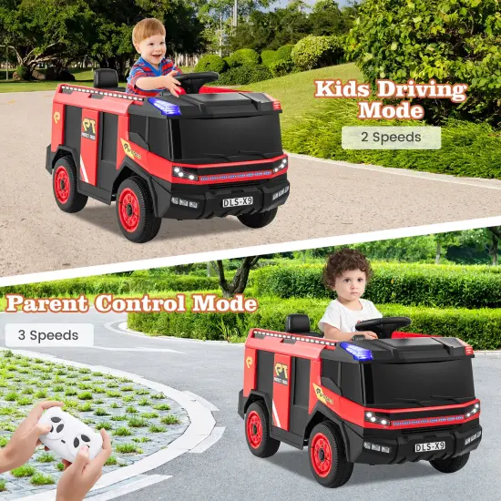 Red 12V Electric Kids Ride-On Fire Truck 2-Seater with Remote Control, Water Gun, and Siren-Red {5}
