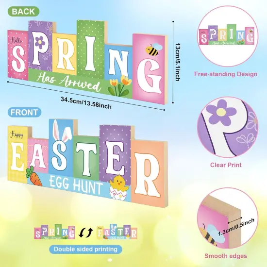 Easter Decorations Wooden Table Sign Spring Decorations Reversible Tabletop Decor Rustic Double-sided {3}