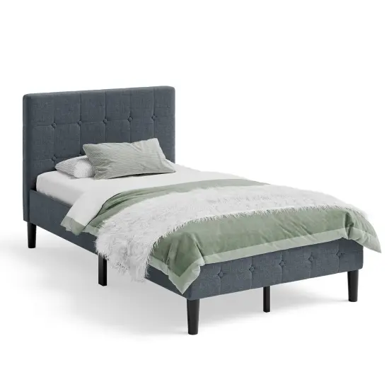Button Tufted Twin Upholstered Bed Frame with Padded Headboard Grey {3}