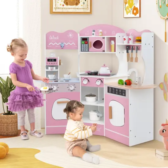 Wooden Corner Play Kitchen with Coffee Machine, Slide, and Storage for Kids Pink {3}