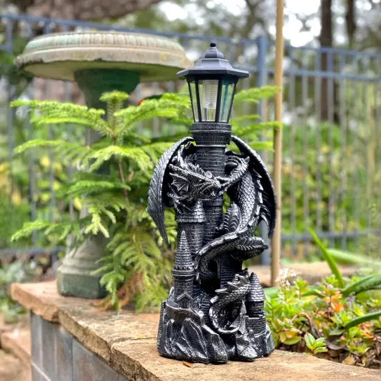 Dragon Keeper of the Castle Light Solar LED Lantern Statue Black {5}