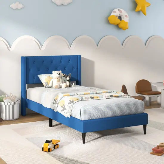 Twin Size Upholstered Platform Bed with Button Tufted Wingback Headboard and Adjustable Foot Pads Blue {6}
