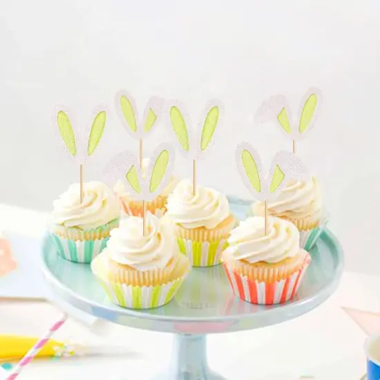 24 Pack Easter Bunny Ear Cupcake Toppers, Yellow Glitter Rabbit Ears Cupcake Picks, Easter Day Cake Toppers for Easter Theme Spring Birthday Baby Shower Party Supplies {4}