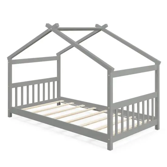 Wooden Twin Size House Bed with Roof Frame for Kids Bedroom Grey {8}