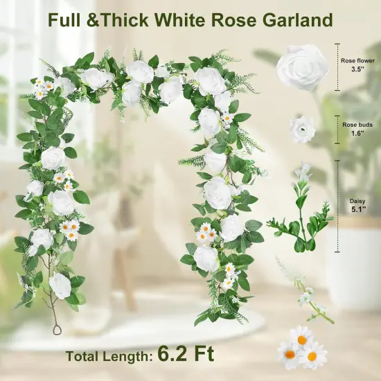 Full Pretty White Rose Garland, 6.2FT Artificial Floral Vines Spring White Flower Garland for Wedding Arch Table Centerpiece Decor Home Backdrop Wall Valentines Decoration {4}