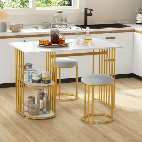 Rectangular Dining Table for 2 with 2-tier Storage Shelf for Small Space Dining Room-White {2}