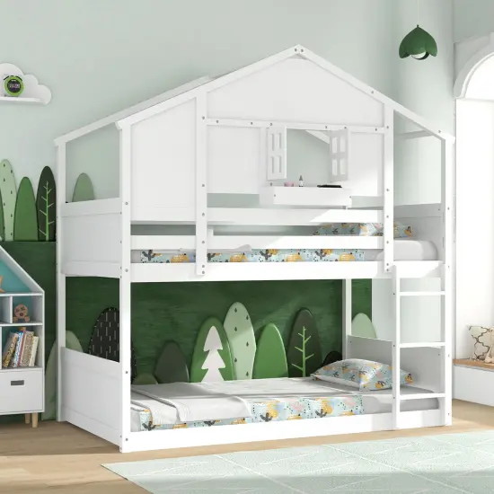 Twin Over Twin Bunk Bed for Kids with Roof and Lockable Window-White {6}