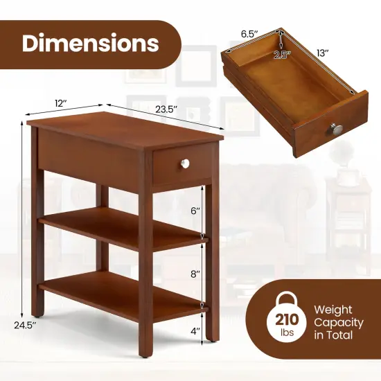 3-Tier Narrow End Table with Drawer and Storage Shelves Set of 2-Brown {5}