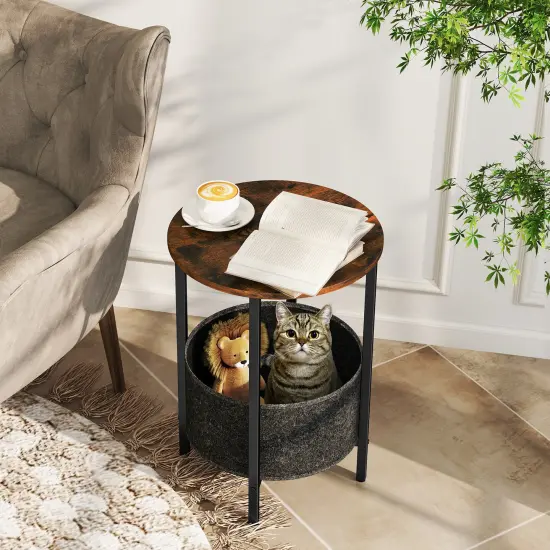 Round End Table 2-Tier Side Table with Removable Fabric Basket and Metal Frame-Rustic Brown {2}