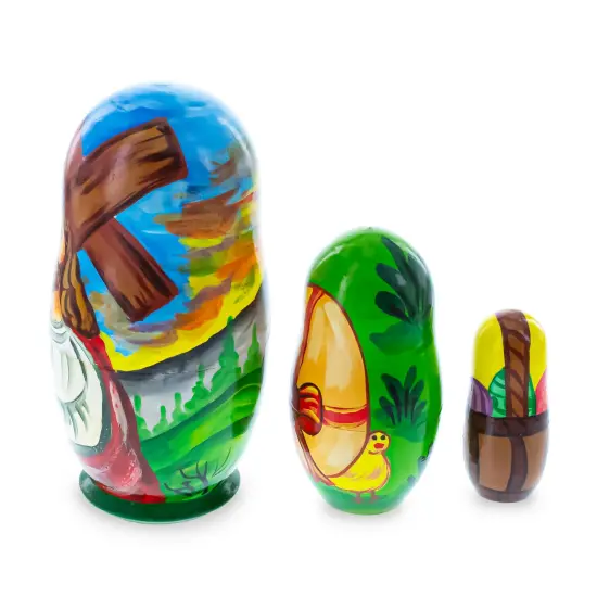 Set of 3 Jesus with Cross, Easter Eggs Wooden Nesting Dolls 4.25 Inches {4}