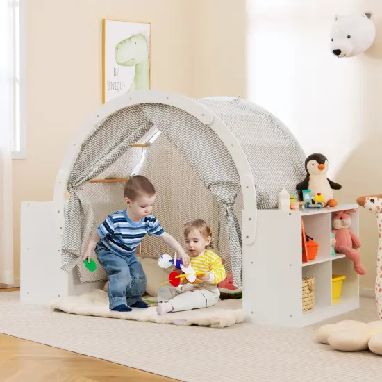 Wooden Kids Play Tent with Curtain Shades and 8 Cubbies-White {2}