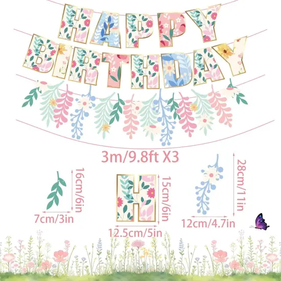 3PCS Wildflower Happy Birthday Banner Pre-strung No DIY Floral Flower Theme Birthday Banner Spring Happy Birthday Banner Flower Banner Garland for Girls Women {2}