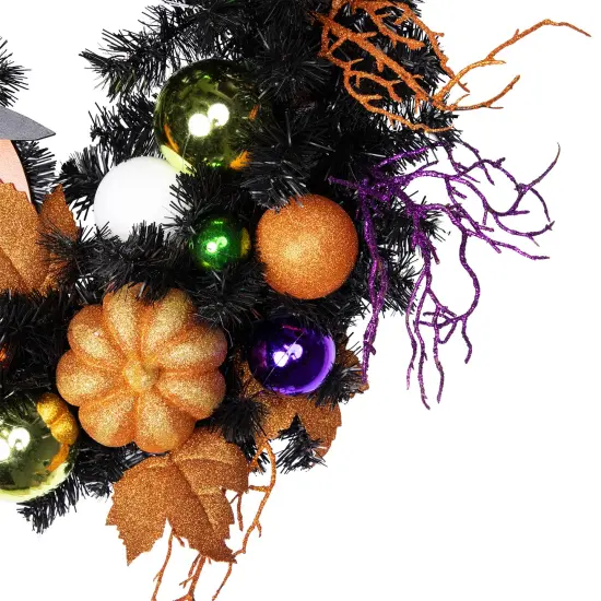Northlight Glittered Jack-O-Lantern in Witch's Hat Artificial Halloween Wreath - 24" - Unlit Black {5}