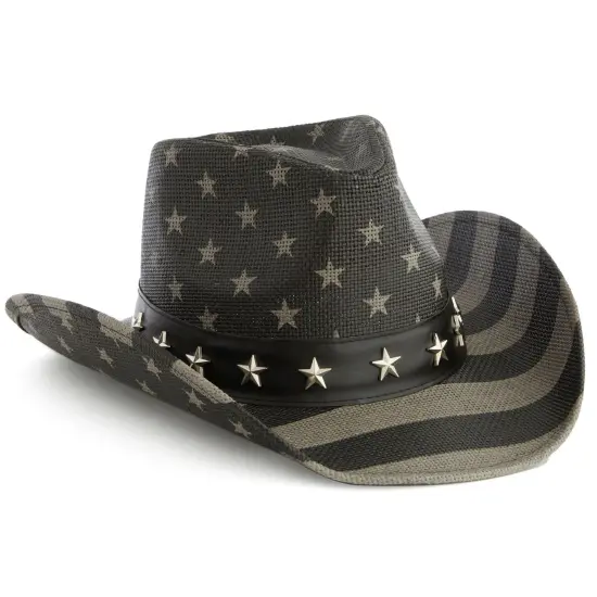 USA Straw American Flag Cowboy Hat for Men, Women, Looks Vintage Cowgirl Hat for Costume Party (Adult Size) Black {1}