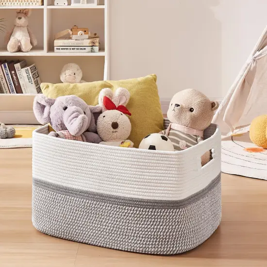 Extra Large Toy Storage Basket, Rectangle Cotton Rope Storage Basket, Blanket Basket Living Room, Woven Baskets for Organizing, 25 x 16 x 16 Inches-Grey/White {4}