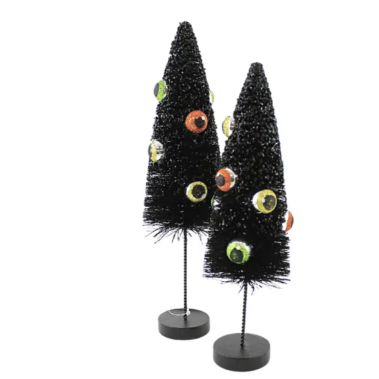 Bethany Lowe 11.0 Inch Eerie Eyeball Bottle Brush Tree Halloween Tree Ornament Set , Halloween Decor Set Of 2 Glittered Black {2}