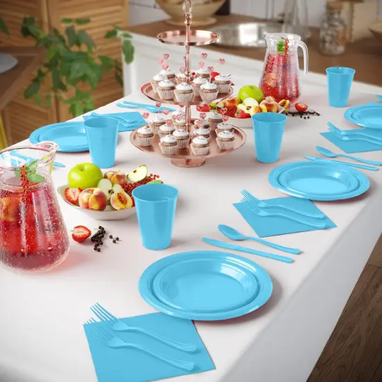 Exquisite 350 Pcs Plastic Plates for Party &ndash; Disposable Plates Set &ndash; 50 Each of 9" Dinner Plates, 7" Dessert Plates, Plastic Cups, Napkins & Plastic Cutlery &ndash; Plastic Dinnerware by Party Solids Light Blue {4}