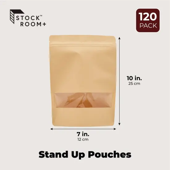 Kraft Stand Up Pouches, Clear Window Sealable Bags for Packaging (7x10 In, 120 Pack) Brown {3}