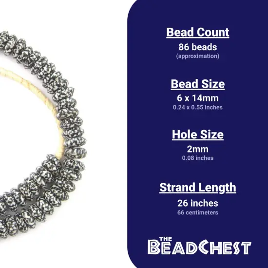 The Bead Chest Fused Rondelle Recycled Glass Beads 14mm Black & White, 24-Inch Strand, Handmade in Ghana for Jewelry Making & Crafts | Approximately 86 Beads {3}