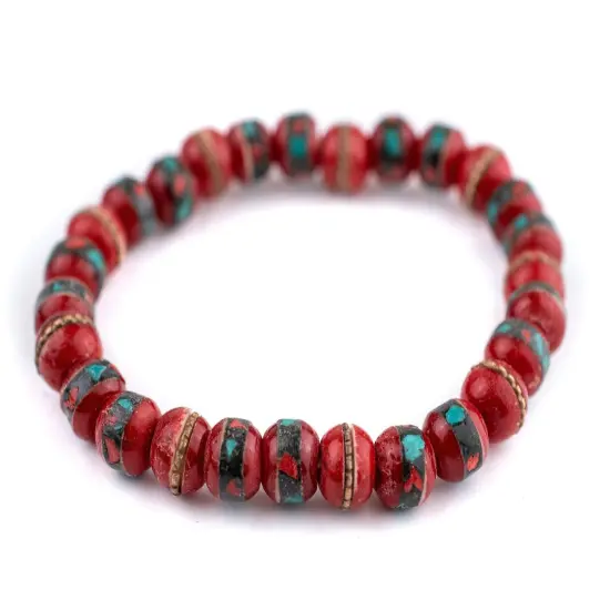 The Bead Chest Mala Stretch Bracelet, Red - Stackable Nepal Bone Inlaid with Turquoise & Coral Colors, 100% Authentic and Genuine {1}