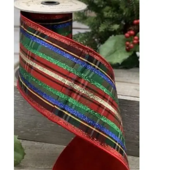 4" Dupion Traditional Plaid Glitter Ribbon: Red, Green & Blue (5 Yards) {2}