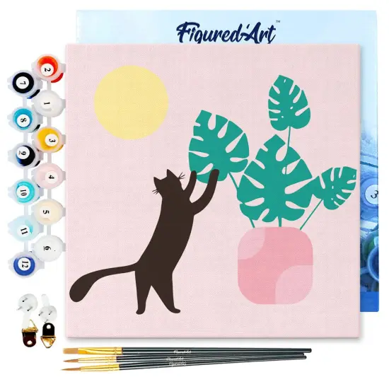 Figured'Art Mini Paint by Numbers Kit for Adults with Frame Cat plays with Monstera Small format 8"x8" - Craft Art Painting DIY Canvas Already Stretched on a Wooden Frame {1}